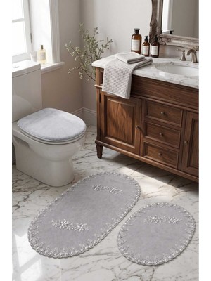 Bonny Home Gri 3lü Fransız Dantelli Lüks Banyo Paspası Kaymaz Çeyizlik Oval Banyo Paspas Seti Lauris