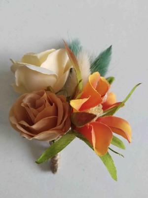 Handmade Turuncu Yeşil Detaylı Damat Yaka Çiçeği Tasarım