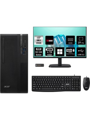 Acer Veriton S2720G Core I5 14400 RX550 4gb 32GB 4tb SSD 27" Fhd WIN11 Home DTR1PEM002P748 Masaüstü Bilgisayar & Per4 USB