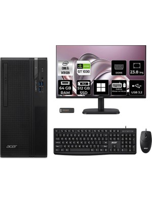 Acer Veriton S2720G Core I5 14400 GT1030 4gb 64GB 512GB SSD 23.8" Fhd WIN11 Pro DTR1PEM002P653 Masaüstü Bilgisayar & Per4 USB