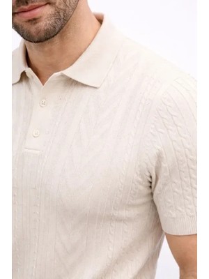 Uslucan Alışveriş Erkek Yazlık Triko Tişört Kısa Kol Polo Yaka Düğmeli T-Shirt - Krem