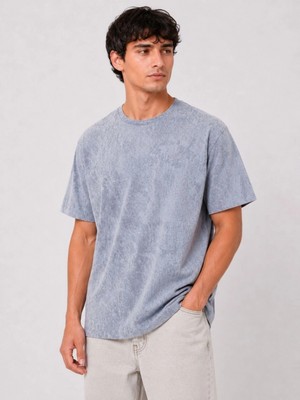 Marsilyan Erkek Yıkamalı Washed Effect Tişört Bisiklet Yaka Sokak Stil Kısa Kol T-Shirt - Gri