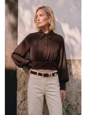 Sateen Düğme Detaylı Saten Bluz - Kahve