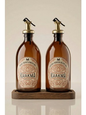 Khakma 500 ml Damlatmaz Akıllı Kapaklı Amber Cam Yağdanlık Seti 2’li Ahşap Stantlı Şık Tasarım