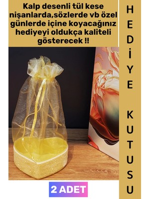 Wintoup #hediye Dekoratif Düğün Nişan Söz Kına Eş Nişanlı Sevgililer Günü Hediye Kutusu Çok Şık Simli Kalpli Kutu Gold Tül Kese 2 Adet