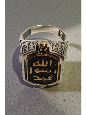 Lunel Silver 925 Ayar Gümüş Çift Taraflı Döner Mekanizmalı Erkek Yüzük - Mühr-Ü Şerif ve Siyah Oniks Taşlı Ağır Kasa 17.,80 Gr.