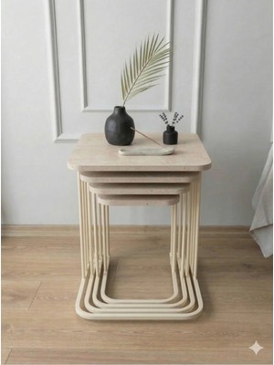 Mervish Decor Tekerlekli 4’lü C Zigon Sehpa Krem Metal Traverten Desenli Yan Sehpa Takımı