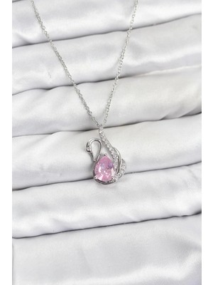 Uslucan Alışveriş 316L Çelik Zincir Gümüş Renk Pembe Kuğu Model Zirkon Taşlı Kadın Kolye