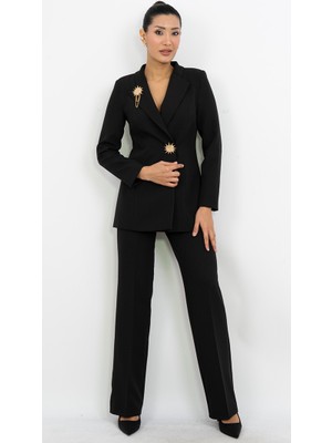 Valerian Moda Gold Aksesuar Detaylı Blazer Ceket Pantolon Takım