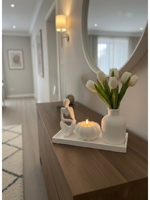 Yasmella Home Dekoratif Vazo + Kabak Mumluk + Soyut Figür + Düz Sunum Tepsi (Tealight Mum Dahildir)