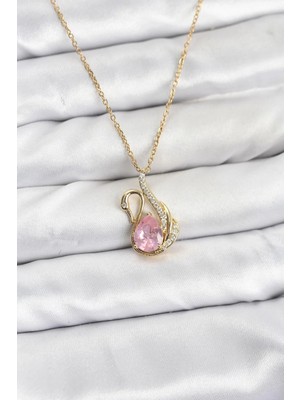Uslucan Alışveriş 316L Çelik Zincir Gold Renk Pembe Kuğu Model Zirkon Taşlı Kadın Kolye