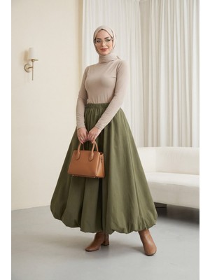 Moda Morfo Beli Lastikli Astarlı Poplin Balon Etek -Haki