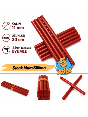 Badem10 (5 Adet) Kırmızı Renk Kalın Sıcak Mum Silikon 11 mm Çubuk Hobi Süs Hediyelik Eşya Maket Yapıştırma Slikon