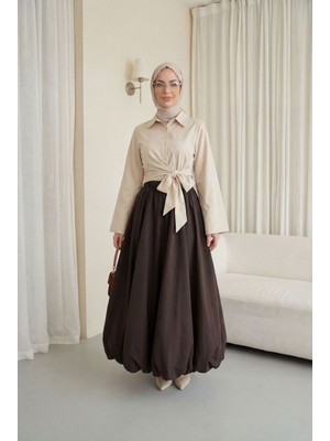 Moda Morfo Beli Lastikli Astarlı Poplin Balon Etek -Kahve