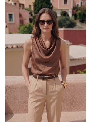 Sateen Degaje Yaka Saten Bluz - Açık Kahve