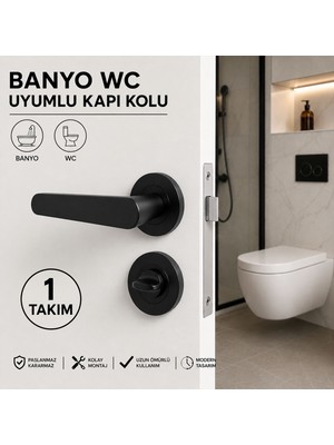 Badem10 Özen Alm Kayı Yuvarlak Rozetli Banyo Wc Kapı Kolu Mat Siyah Modern Tasarım Sağa Sola Uyumlu