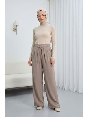 Moda Morfo Beli Bağcıklı Çift Düğmeli Yüksek Bel Tensel Pantolon  -Vizon
