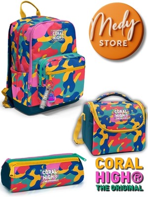 Coral High Renkli Kamuflaj Desenli 3’lü Okul Çanta Seti