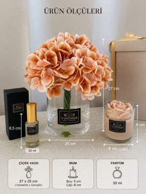 Vinnos Home & Concept Vinnos Premium Dekoratif Çiçek Aranjmanı Kokulu Mum ve 30 ml Oda Parfümü Seti