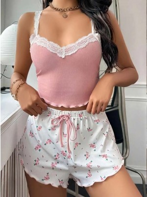 Marsilyan Kadın Çiçek Desenli Dantel Askılı Şortlu Pijama Takımı 5200
