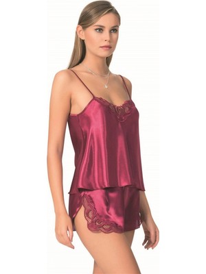 Marsilyan-  Bordo Saten Babydoll Şort Takımı Zarif Kadın Gece Giyim