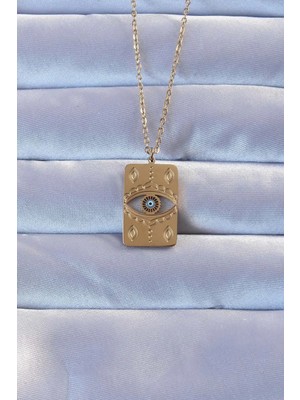 Mabelme Store Mey Ithalat® 316L Altın Renk Işlemeli Nazarlı Vintage Kolye