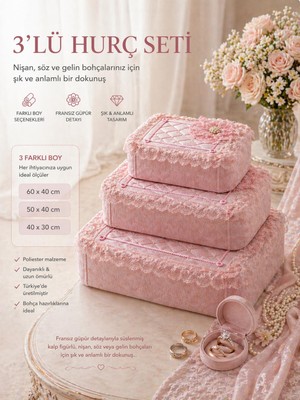 Higliving Zerafet Serisi Broşlu Fransız Güpür Gelin Damat 3’lü Hurç Seti