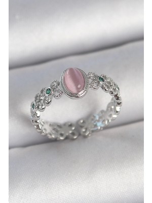 Mabelme Store Mey Ithalat® Pirinç Gümüş Renk Zirkon Taş Detaylı Pembe Mineli Damla Model Ayarlanabilir Kadın Yüzük