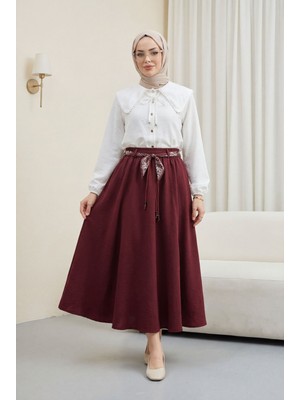 Moda Morfo Beli Lastikli Kemerli Cepli Keten Etek -Bordo