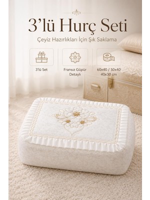 Higliving 3’lü Gül Çiçek Desenli Fransız Güpür Çeyizlik Hurç Seti Söz Nişan Gelin Seti 60X40/50X40/40X30