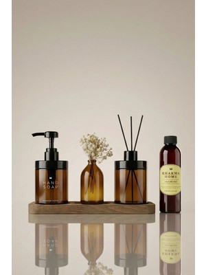 Khakma Ahşap Stantlı Amber Cam Sabunluk, Diffuser, Oda Kokusu ve Vazolu Dekoratif Banyo Seti 220 ml