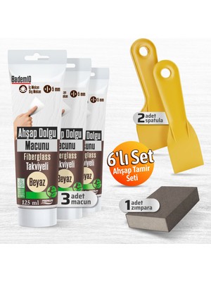 Badem10 (6'lı) Ahşap Tamir Seti Beyaz Renk (2 Adet) 125 ml Tamir Macunu + 2 Adet Spatula + Kübik Zımpara