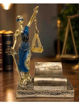 Wolawood Adalet Temalı Dekoratif Biblo Lady Justice Terazili Heykel Kartvizitlikli Masaüstü Ofis Büro Ev Dekoru Lüks Vintage Hukuk Teması Polyester Süs Aksesuarı
