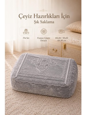 Higliving 3’lü Gül Çiçek Desenli Fransız Güpür Çeyizlik Hurç Seti Söz Nişan Gelin Seti 60X40/50X40/40X30