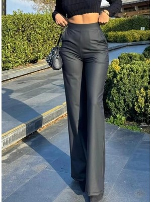 Dolunay Store Kadın Yüksek Bel Cepli Şardonlu Geniş Paçalı Mat Deri Pantolon