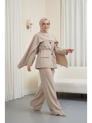 Moda Morfo Cep Detaylı V Yaka Bağcıklı Fularlı Paraşüt Takım  -Taş