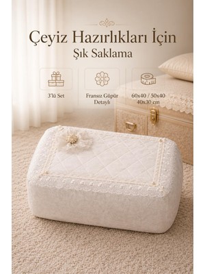 Higliving 3’lü Gül Çiçek Desenli Fransız Güpür Çeyizlik Hurç Seti Söz Nişan Gelin Seti 60X40/50X40/40X30