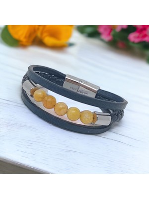 Sibelya Aksesuar %100 Deri̇ Çoklu Doğal Sarı Akik Taşı Lacivert Bileklik Krom Mıknatıs Kapama  21 cm EBI_8012