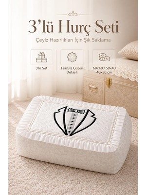 Higliving 3'lü Gelindamat Figür Fransız Güpür Çeyizlik Bohça Söz Nişan Gelin Damat Hurç Seti 60X40/50X40/40X30