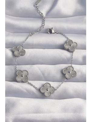 Mabelme Store Mey Ithalat® 316L Çelik Gümüş Renk Motifli Yonca Bileklik