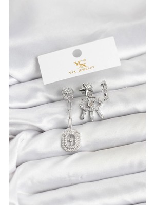 Mabelme Store Mey Ithalat® Pirinç Gümüş Renk Göz ve Kutup Yıldızı Model Ysx Trio Küpe Seti