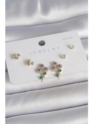 Mabelme Store Mey Ithalat® Pirinç Gold Renk Renkli Zirkon Taşlı Çiçek Model Yaprak Detay 925 Ayar Gümüş Çivi Kadın Küpe Seti