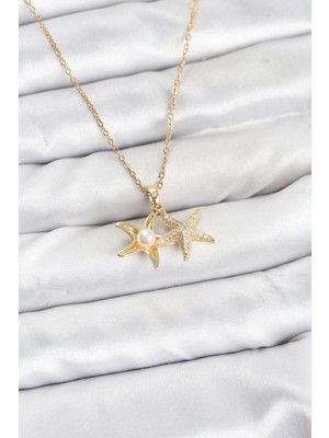 Mabelme Store Mey Ithalat® 316L Çelik Zincir Gold Renk Deniz Yıldızı Model Zirkon Taşlı Kadın Kolye