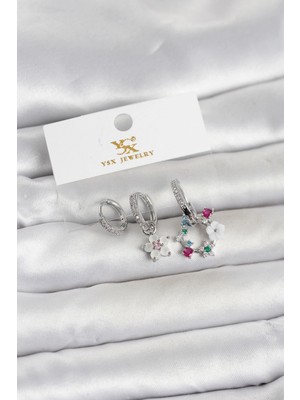 Mabelme Store Mey Ithalat® Pirinç Gümüş Renk Çiçek Model 3'lü Kadın Küpe