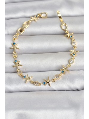 Mabelme Store Mey Ithalat® Pirinç Gold Renk Sıralı Deniz Yıldızı Model Kadın Bileklik