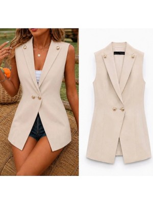 Dolunay Store Kadın Gold Düğmeli Blazer Yaka Ceket