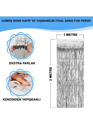 Gümüş Renk Ekstra Metalize Parlak Saçaklı Arka Fon Perde Ithal A Kalite 1x2 Metre