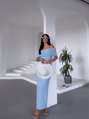 Aura Fashion Kadın Madonna Yaka Desenli Triko Elbise