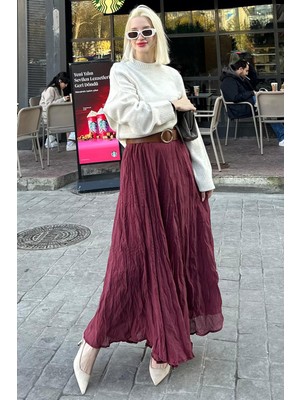 Madmext Bordo Kırışık Desen Midi Boy Kadın Etek MG2266