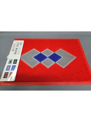 Başak Ev Tekstili Gri - Mavi - Kırmızı Baklava Desenli 40X60 cm Kıvırcık Dış Kapı Önü Paspası